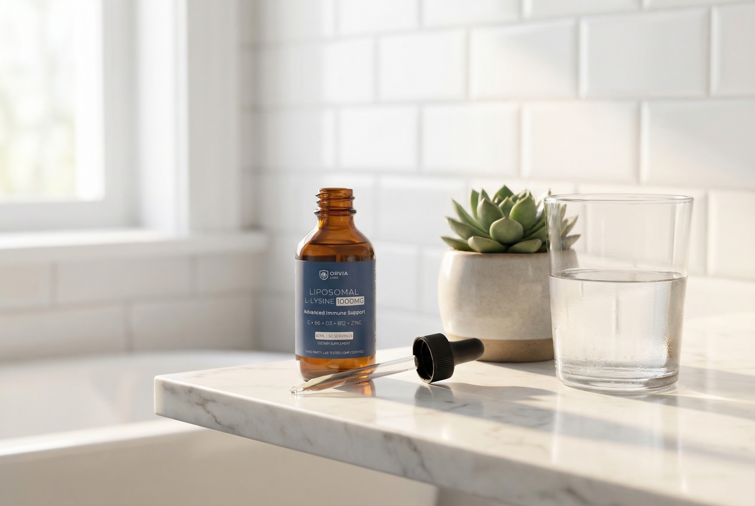Orvia Labs Liposomal L-Lysine bottle on marble bathroom shelf